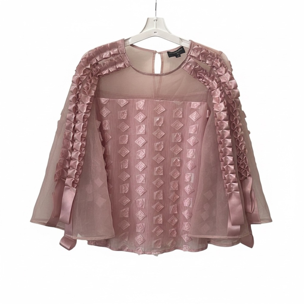LOVE THE QUEEN Pink Organza Ruffle Blouse 3D Texture Bell Sleeve Small NWOT